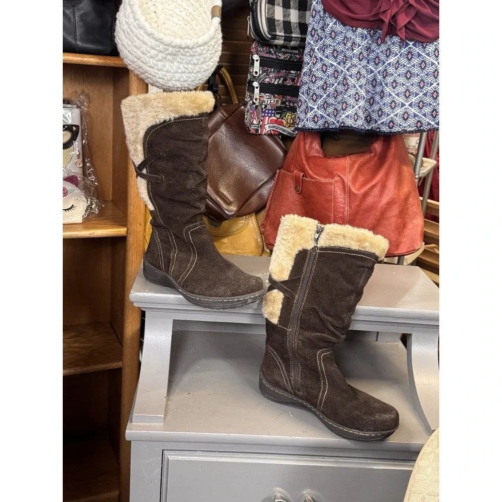 St John's Bay Brown Leather Suede & Faux Fur Boots Buckles Full Zip Size 8.5
